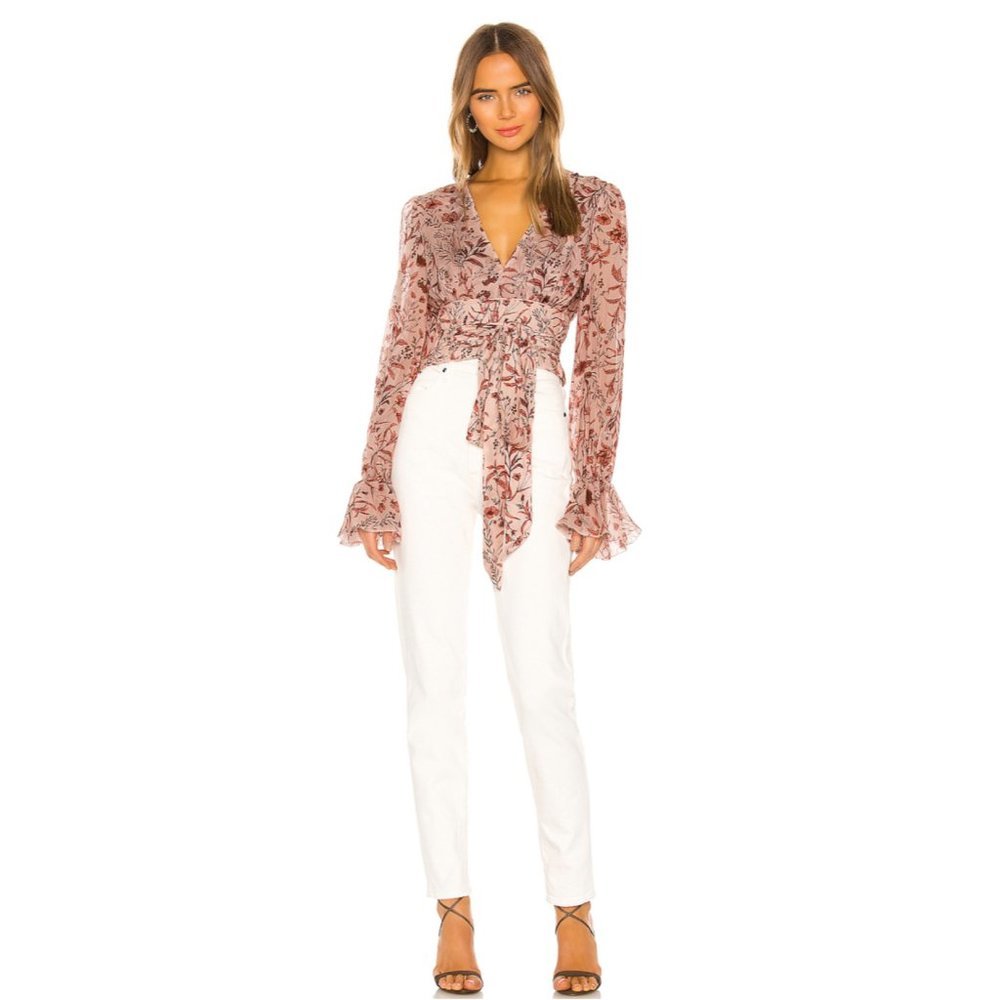 AMUR Helene Tie Waist Floral Silk Wrap Crop Top - Picture 6 of 16